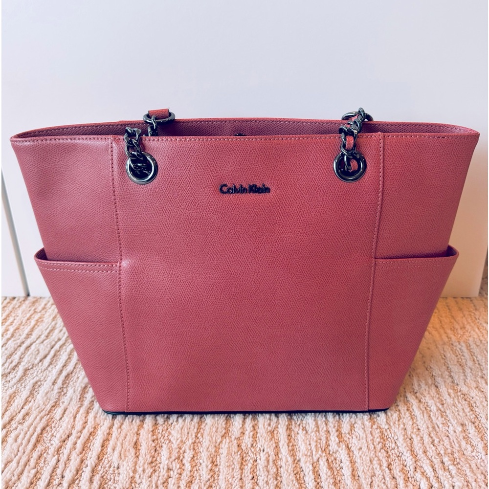 Calvin Klein Women’s Leather Tote with chain straps and side pockets